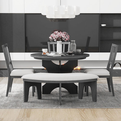 5-Piece Rustic Charm Round Dining Set With 3 Upholstered Chairs And Curved Bench For Dining Room, Kitchen And Living Room (Gray)