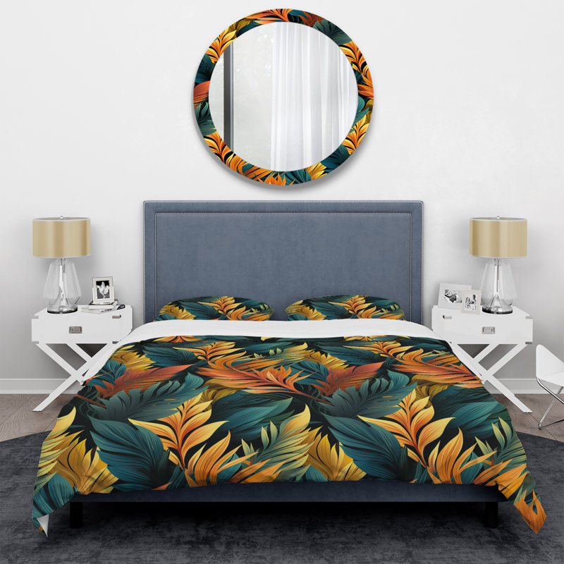 Literie Green and Orange Exotic Jungle Foliage II, Housse de couette pour grand lit et 2 taies décor