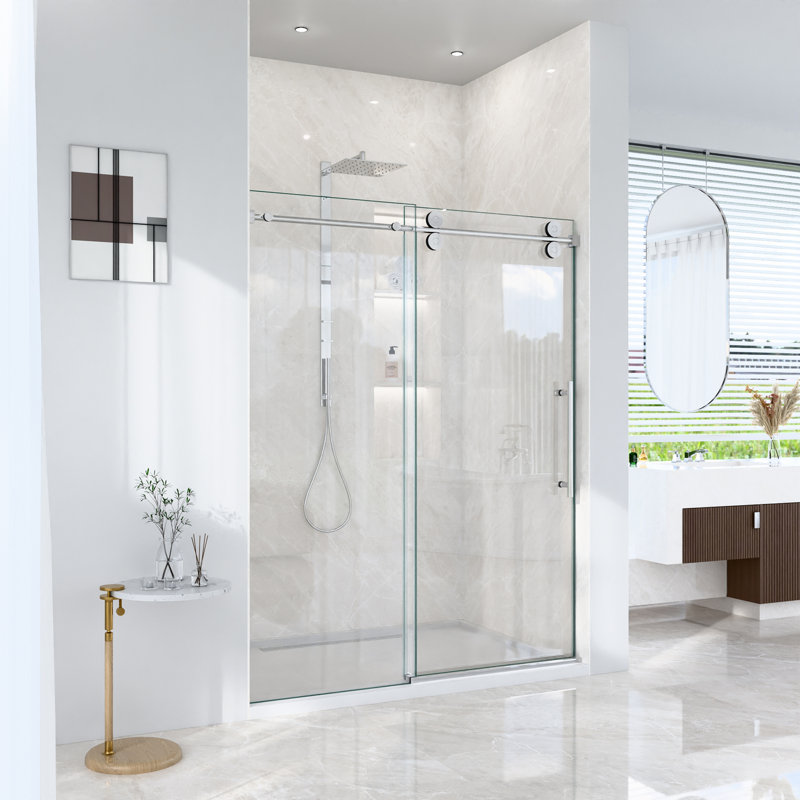 Porte de douche coulissante simple sans cadre l 56 à 60 po x H 72 po - verre trempé transparent de 5/16 po (8 mm), conception à dérivation avec finition chromée