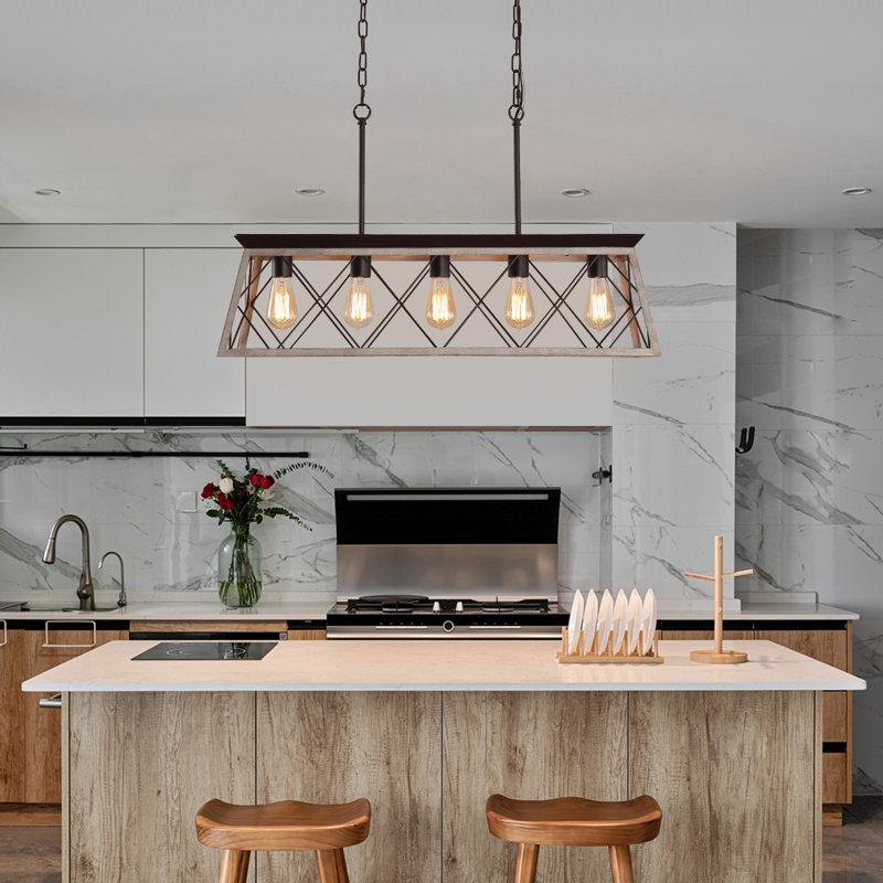 Dining Room Chandelier Light Fixtures,Farmhouse Rustic Vintage Antique Linear Chandeliers Pendant Ceiling Light Fixture for Kitchen Island Bar Office Coffee Shop 5-Lights Oak and ORB UL Listed