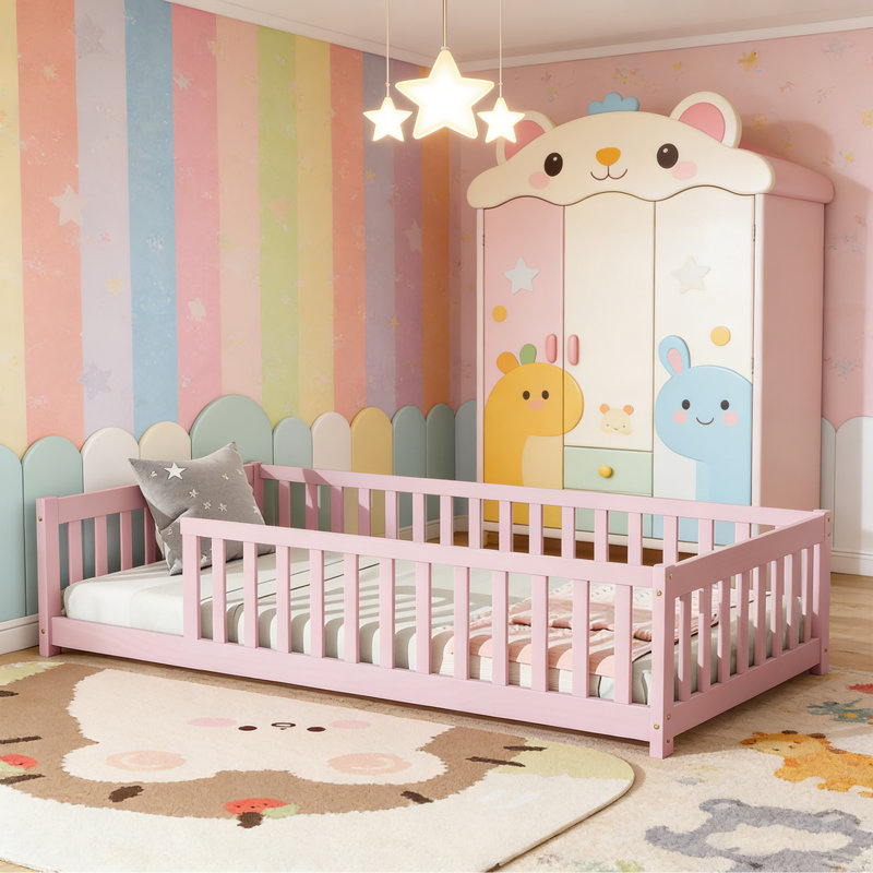 Twin Size Solid Wood Kids Floor Platform Bed for Toddler Bed Transition with Fence, No Door Included, Pink