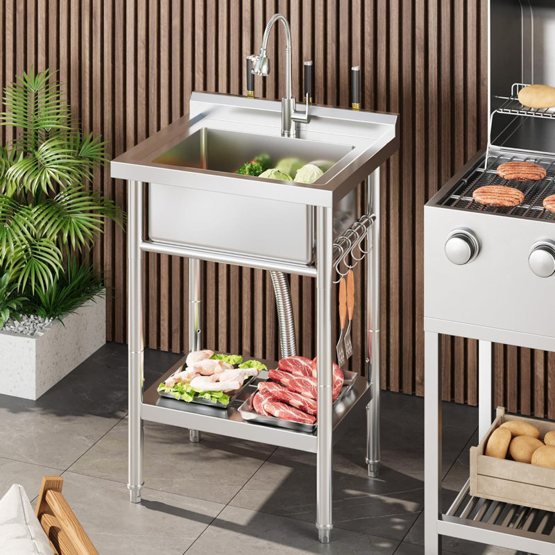 Stainless Steel Utility Sink, Free Standing Single Bowl Kitchen Sink, Adjustable Leg Height, with Faucet, Hot and Cold Water Pipes, Commercial Laundry Tub, Hook for Indoor Outdoor Farmhouse Use