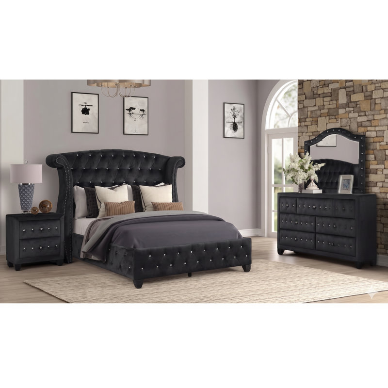 Rausch 4 Piece Bedroom Set, Queen, Black, 4 Pcs: Bed, Nightstand, Mirror, Dresser