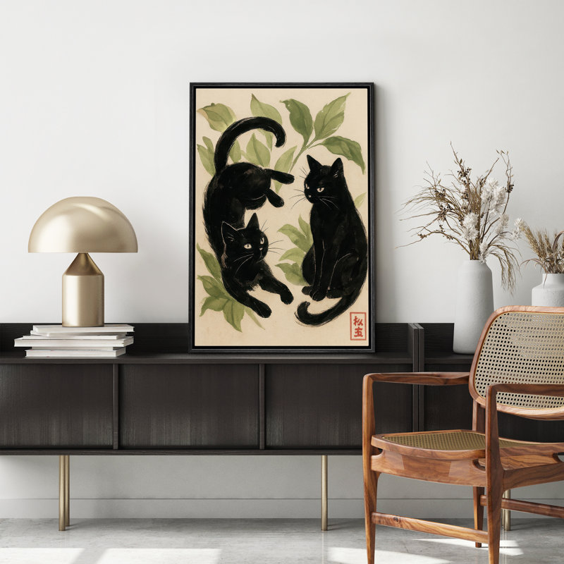 «Playful Black Cats with Green Leaves», reproduction d'art sur toile encadrée, H 36 po x l 24 po x P 1,5 po