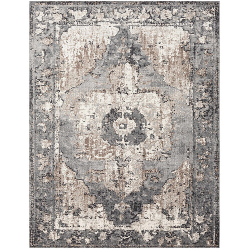 Addisyn Machine Woven Oriental Charcoal Area Rug, Round 5'3"