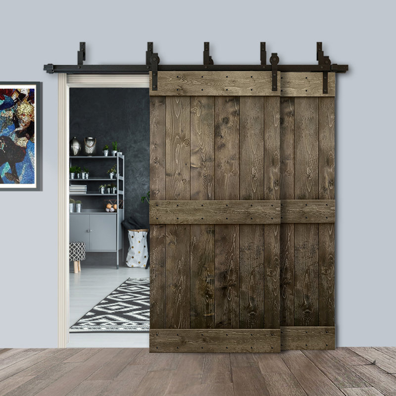 Porte de grange double à panneaux en bois teinté à panneau Mid-Bar, 92 po x 84 po, Espresso