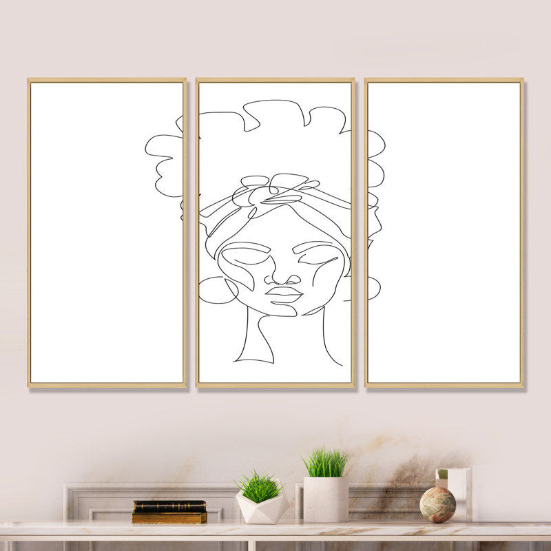 «Black Woman Afro Portrait One Line Art», ensemble d'art mural sur toile Glam, H 20 po x l 36 po x P 1 po, Noir