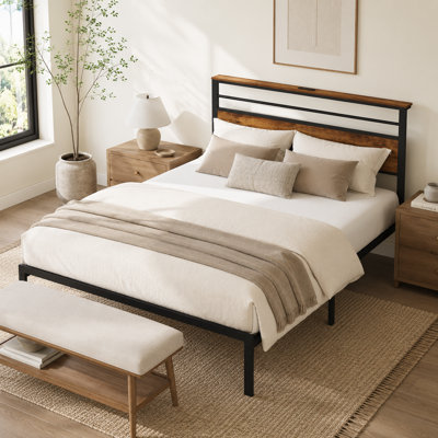 Black and Brown Color-Blocked Queen-Size Upholstered Metal Bed Frame with Headboard Storage and USB Charging Port – Multifunctional Bedroom Platform Bed