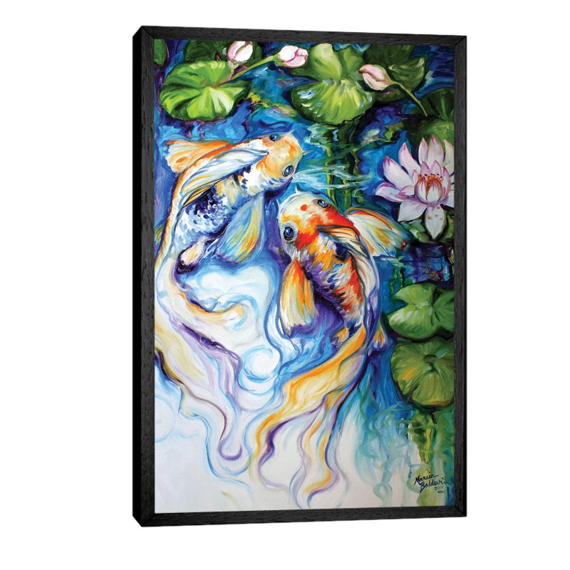 Koi Koi And Lily by Marcia Baldwin - Floater Frame Painting on Canvas, Black Framed