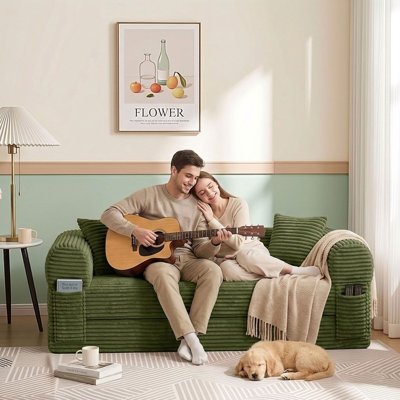 78.74" Corduroy Compression Sofa Bed with 2 Throw Pillows, Convertible Floor Couch, Arrives in One Box
