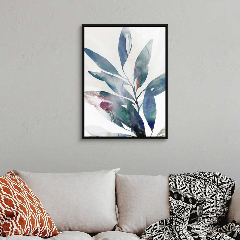 Indigo Sprig II, art mural sur toile, H 34 po x l 26 po, Toile avec cadre noir