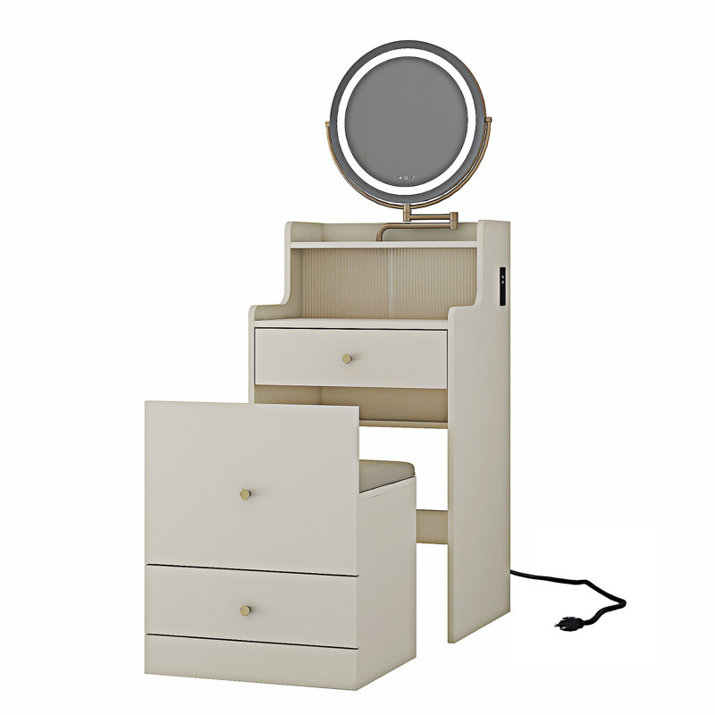 3 In 1 Vanity Desk With Mirror And Charging Station, Light Yellow