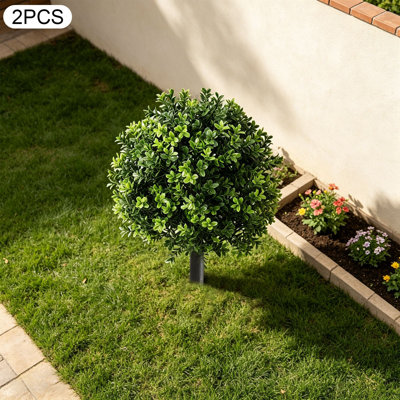 2PCS Artificial Boxwood Topiary Ball Tree Faux Boxwood Topiary Bush Fake Shrubs with Three Prong for Front Porch Garden Yard Balcony Decor