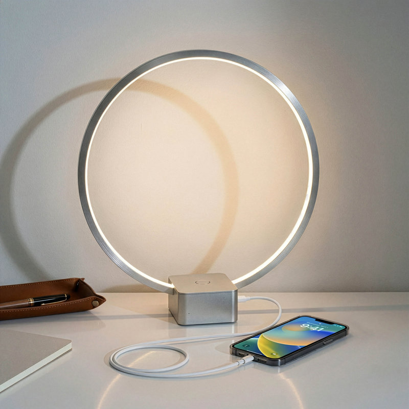 Lampe de table moderne à DEL intégrée avec gradateur à 3 voies et port de charge USB, finition argentée Circle, Argent