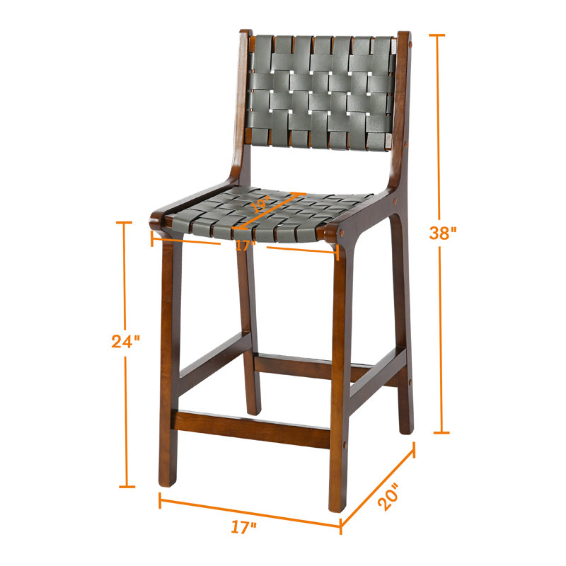 24" Seat Height Counter Stools Set of 2, Faux Leather Woven Strips Upholstery with Walnut Finish Solid Wood Frame, Bar Stools for Kitchen Island, Pub & Living Room, Grey