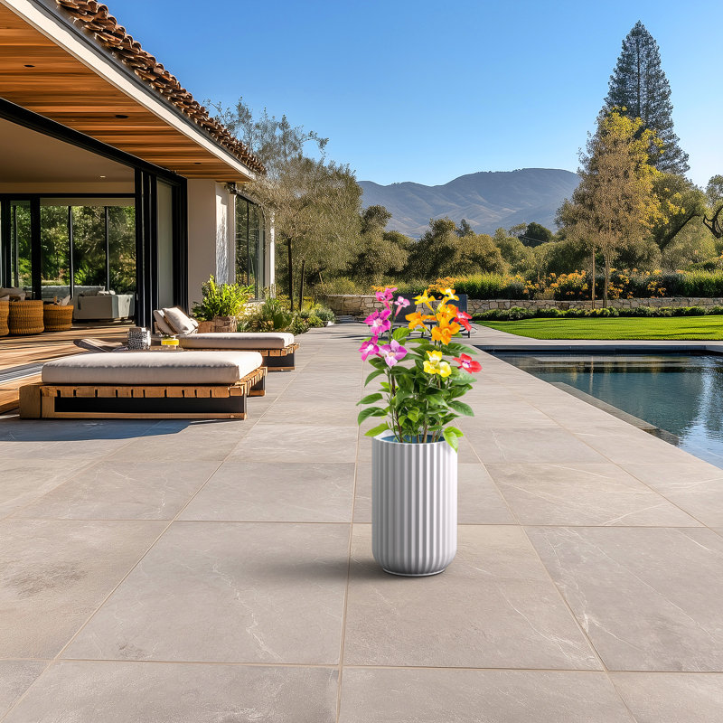Medium Concrete Round Planter / Pot With Drainage Holes, 22.44" H x 13.98" W x 13.98" D, Crisp White(Premium Inner)
