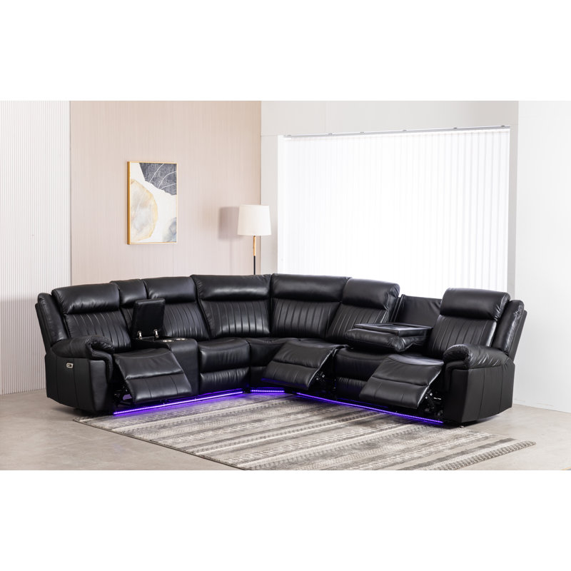 Arvard Faux Leather Power Reclining L-Shaped Sectional Left Hand Facing, Black Faux Leather