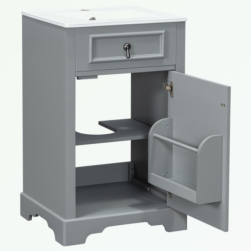 Meuble-lavabo de salle de bain avec lavabo en céramique, tablette réglable et support de rangement fixé à la porte, Gris