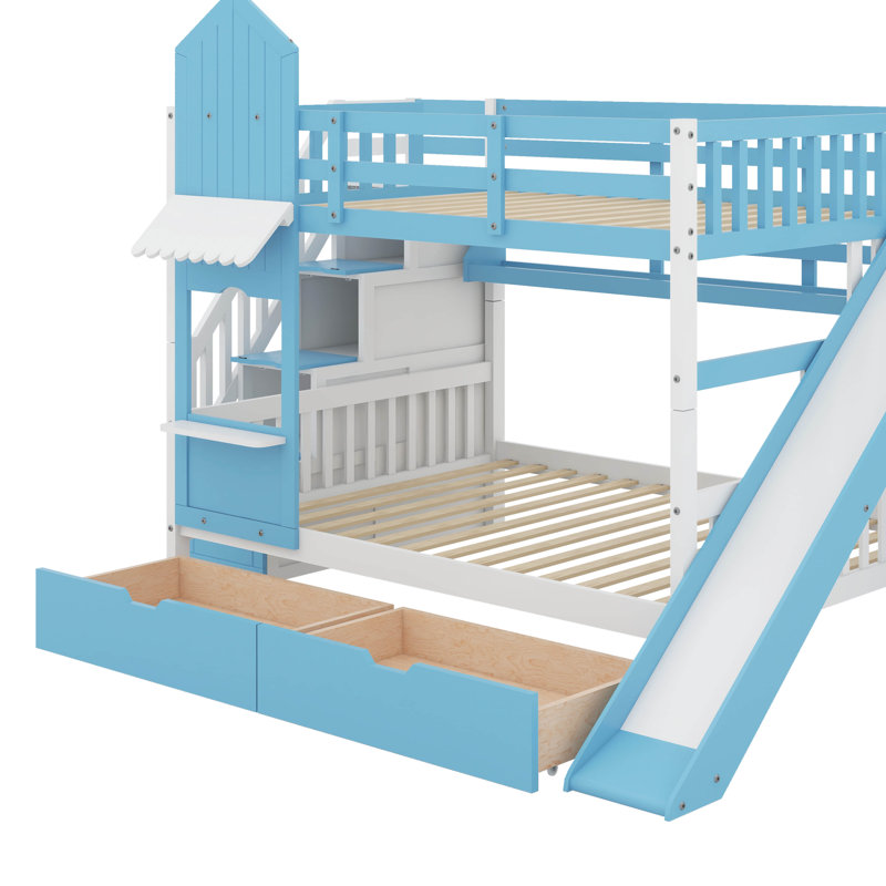Lit superposé double de style château avec 2 tiroirs, 3 tablettes et glissade, Bleu