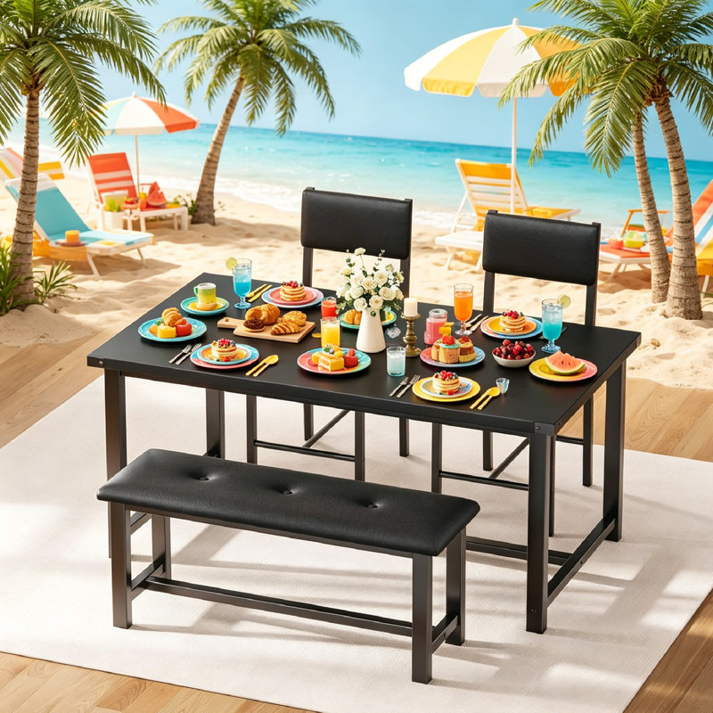 Ensemble de table de salle à manger 4 pièces, table de salle à manger en bois avec 2 chaises rembourrées et banc, ensemble de table de salle à manger compact et durable pour la cuisine, la salle à manger, l’appartement et les petits espaces.