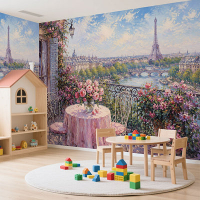 Papier peint adhésif, peinture à l'huile café d'été, Paris, ville douce, paysage, vue, papier autocollant amovible, décoration murale pour salon, chambre à coucher H 100 po x l 144 po