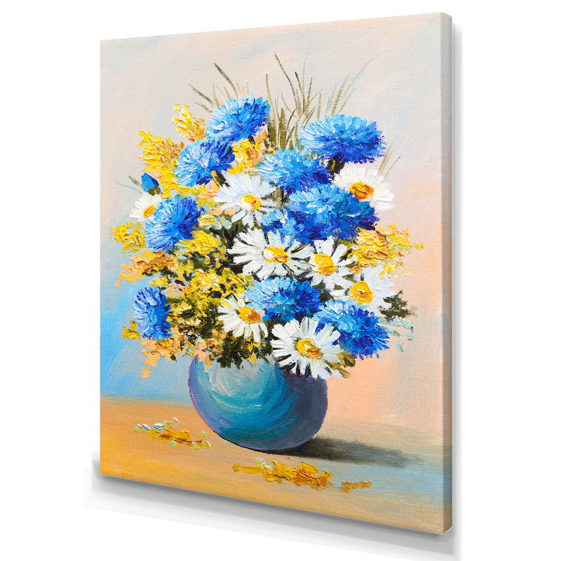 Un bouquet de fleurs bleues - peinture, H 20 po x l 12 po x P 1 po, Toile tendue