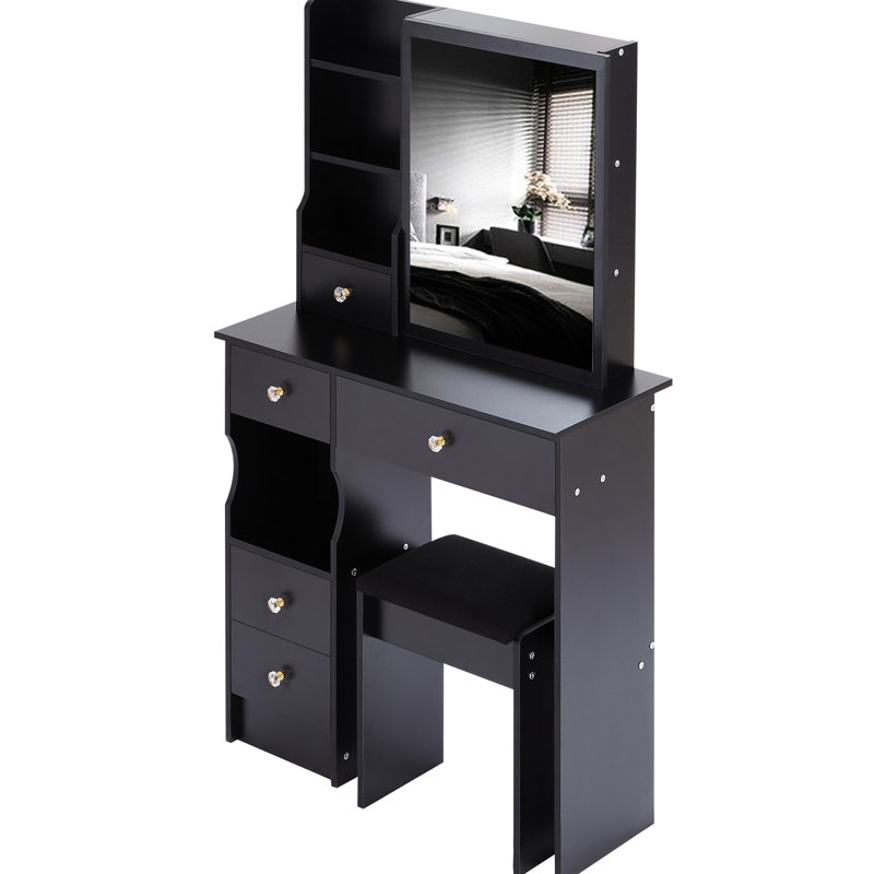 Meuble-lavabo de 50,4 po de hauteur avec tiroir gauche, miroir coulissant droit et tabouret rembourré de 50,4 po de hauteur, noir pour les petits espaces, rangement multicouche