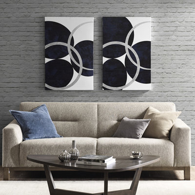 Art moderne sur toile cercle bleu marine moderne - détails argentés l 24 po x H 36 po