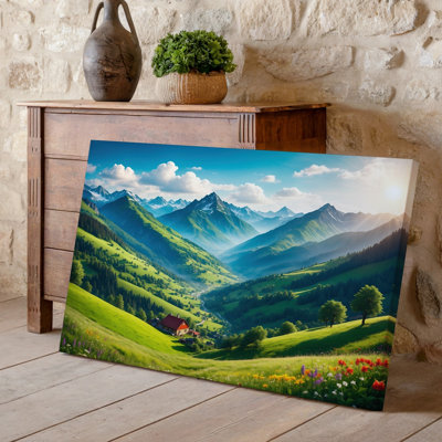 Canvas A Breathtaking Panoramic View Of A Lush Green Valley Nestled Wall Art Between Towering Mountains Bathed In Warm Sunlight The Canvas Wall Art