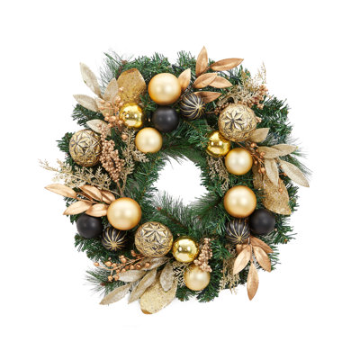 Couronne de Noël de 22 pouces pour la porte d'entrée, couronne de Noël artificielle avec lumières DEL, couronne de Noël pré-éclairée avec boules décoratives, feuilles d'or, aiguilles de pin et baies pour la fête des Fêtes