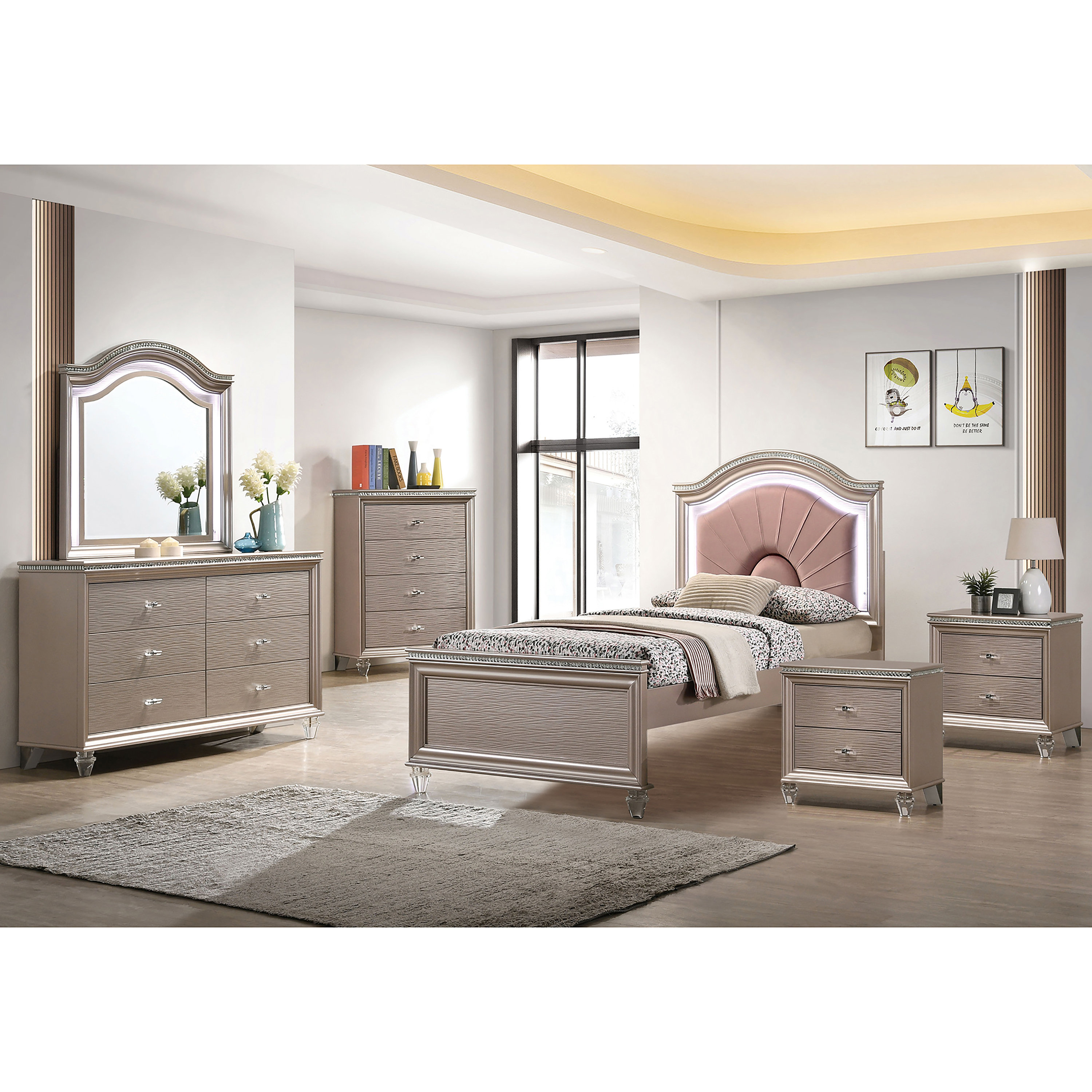 6-Pieces Bedroom Furniture Set, Include Queen Cream Upholstered Platform  Bed with Storage Ottoman,6 Drawers Dresser, Mirror,4 Drawers Chest, 2  Drawers