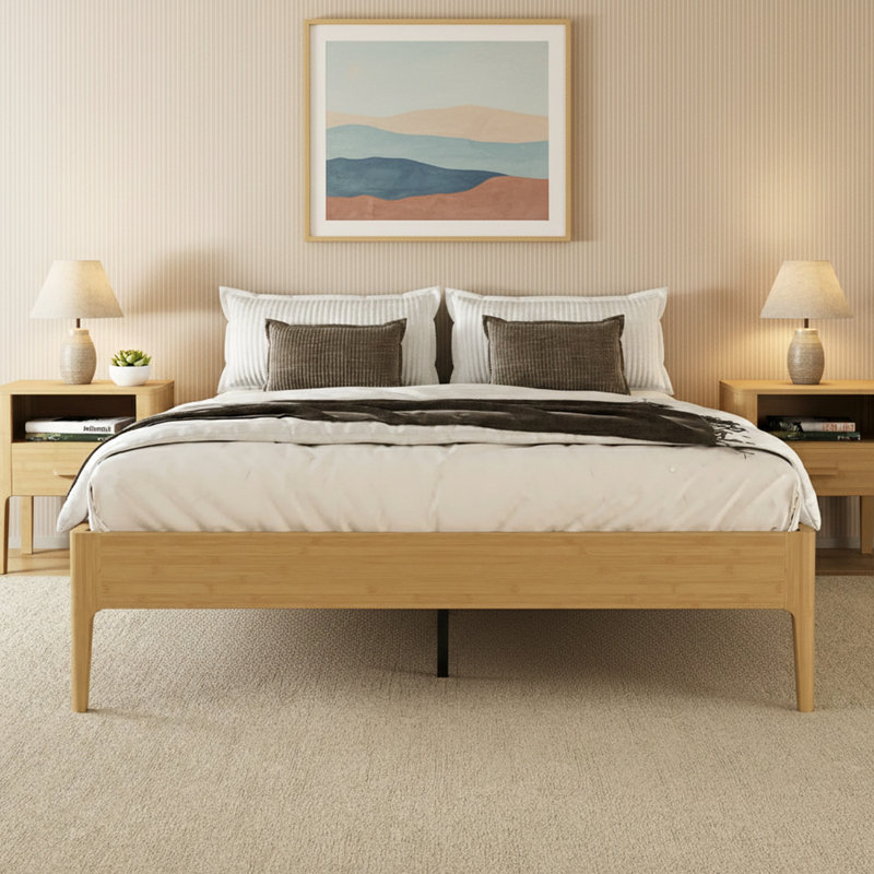 Structure de lit plateforme moderne et minimaliste en bois de bambou sec de 15 pouces de hauteur, avec support en lattes de bois, aucun sommier requis, assemblage facile