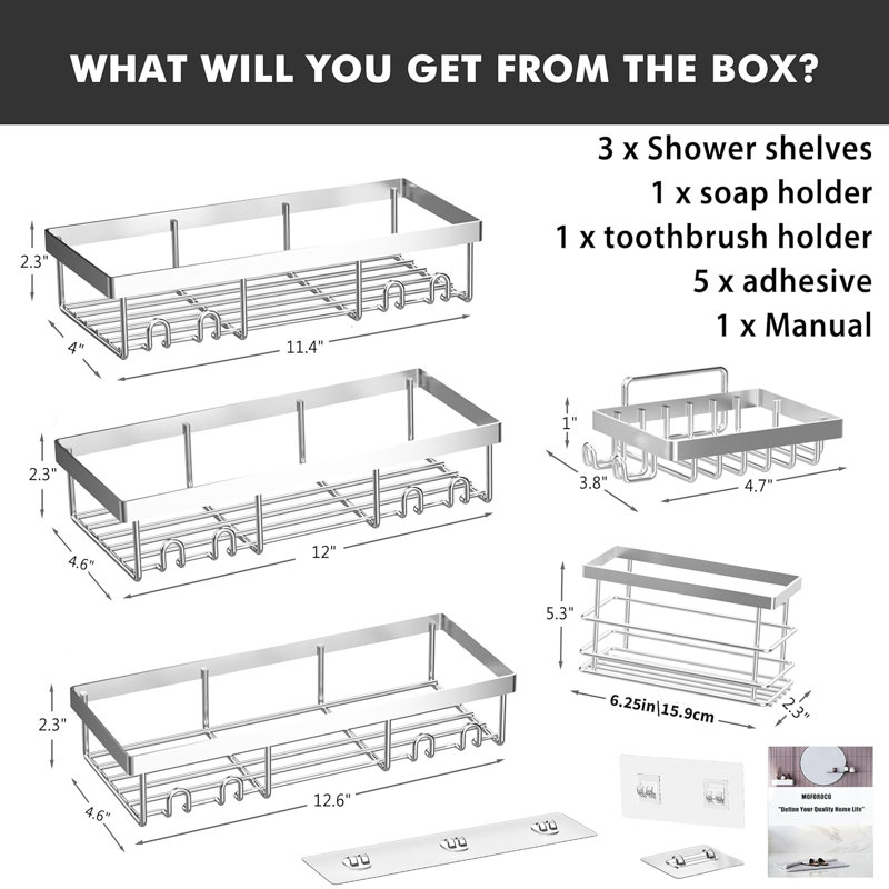 Support à tablettes de rangement adhésif pour rangement de salle de bain - 5 pièces, Argent argent