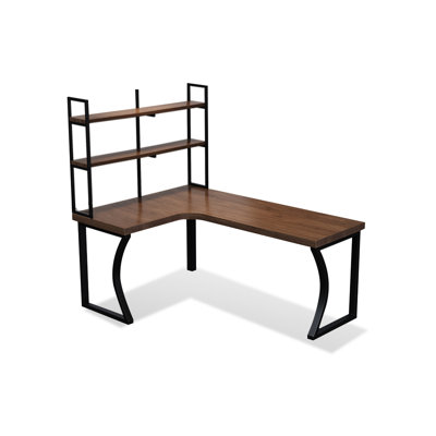 Bureau en fer massif en forme de L brun noyer + noir