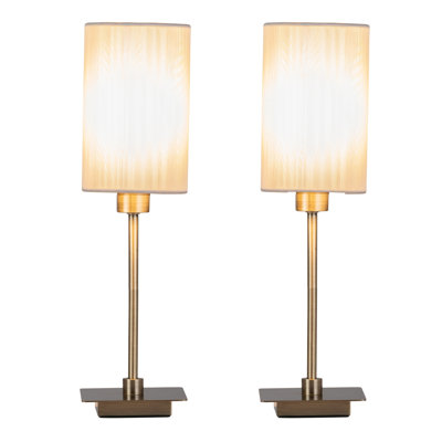 Pair (2x) Square Stick Antique Brass Metal Bedside Table Lamp 