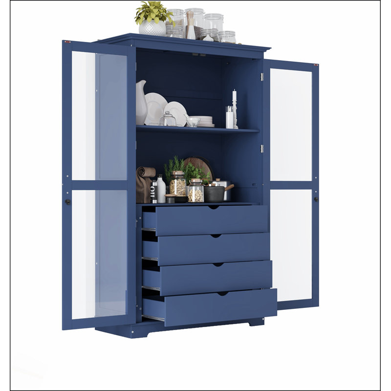 Garde-manger autoportant avec portes en verre et 4 tiroirs, armoire de rangement en bois de pin durable pour l'organisation à la maison