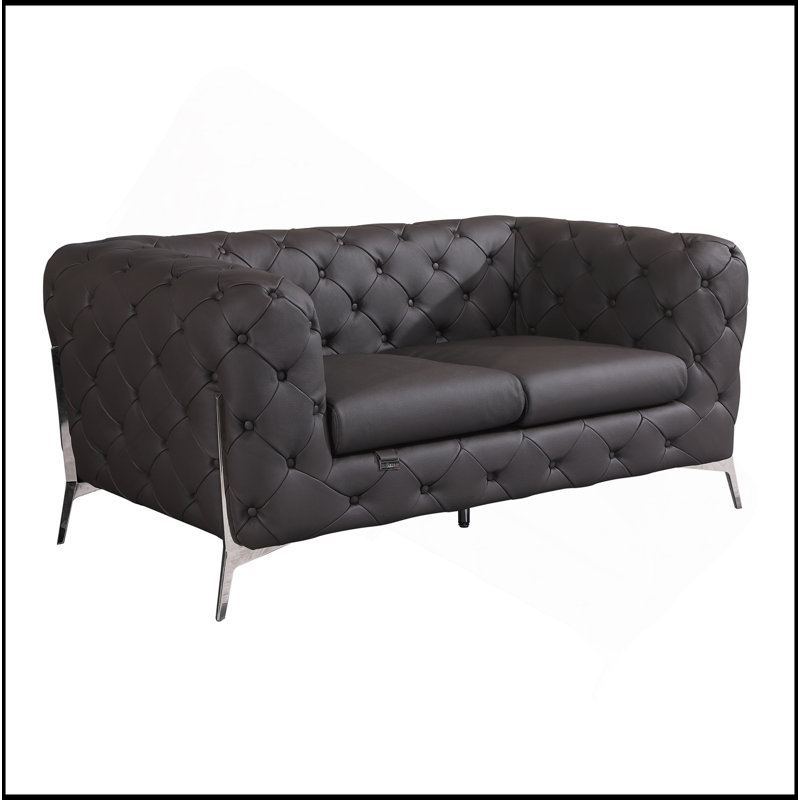 Causeuse rembourrée en cuir 100% italien Global United, Brun, Argent argent