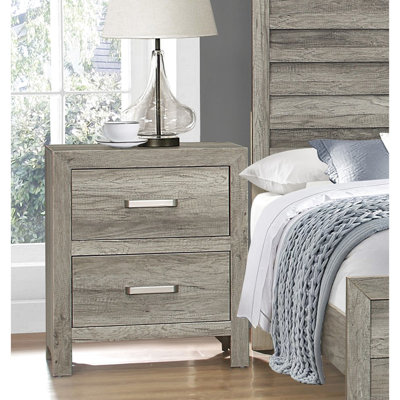 Table de chambre à coucher avec placage en faux bois gris vieilli, 2 tiroirs, table de chevet transitionnelle à poignées en nickel, glissière centrale en métal,