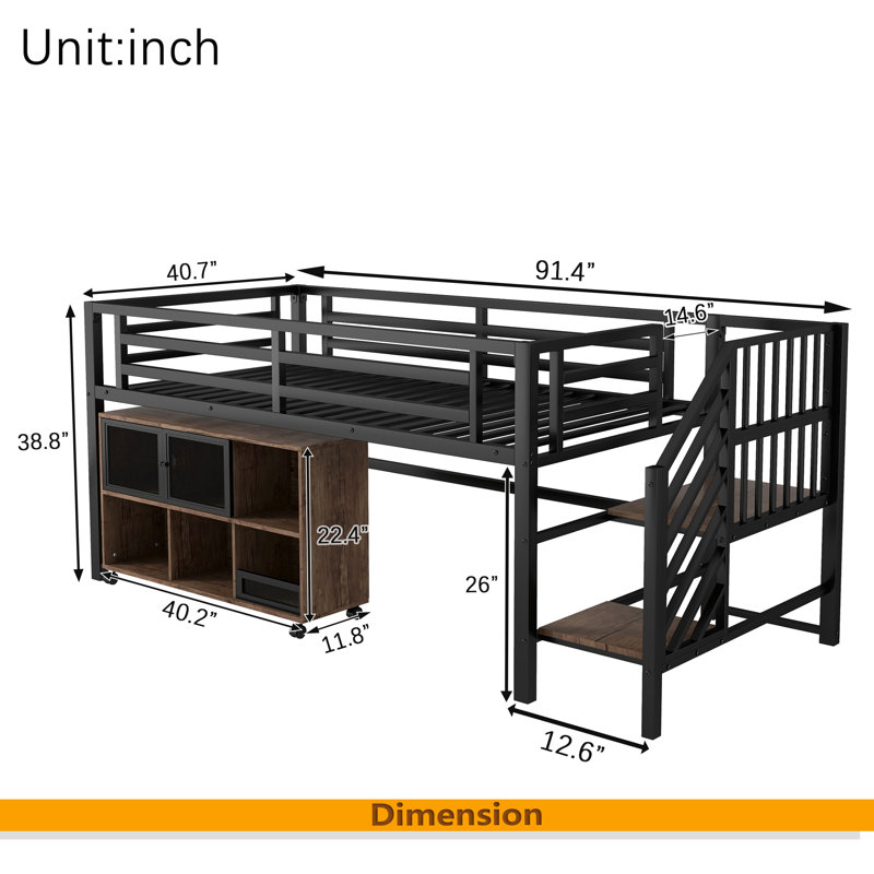 Lit mezzanine simple en métal avec casier de rangement, lit mezzanine bas en métal avec escalier pour enfants