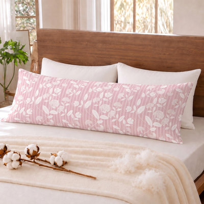Housse de coussin de corps à fleurs roses 51 x 137 cm, housse de coussin de corps à rayures florales et feuilles rose poudré, douce et respirante 100 % coton avec fermeture portefeuille, style shabby chic