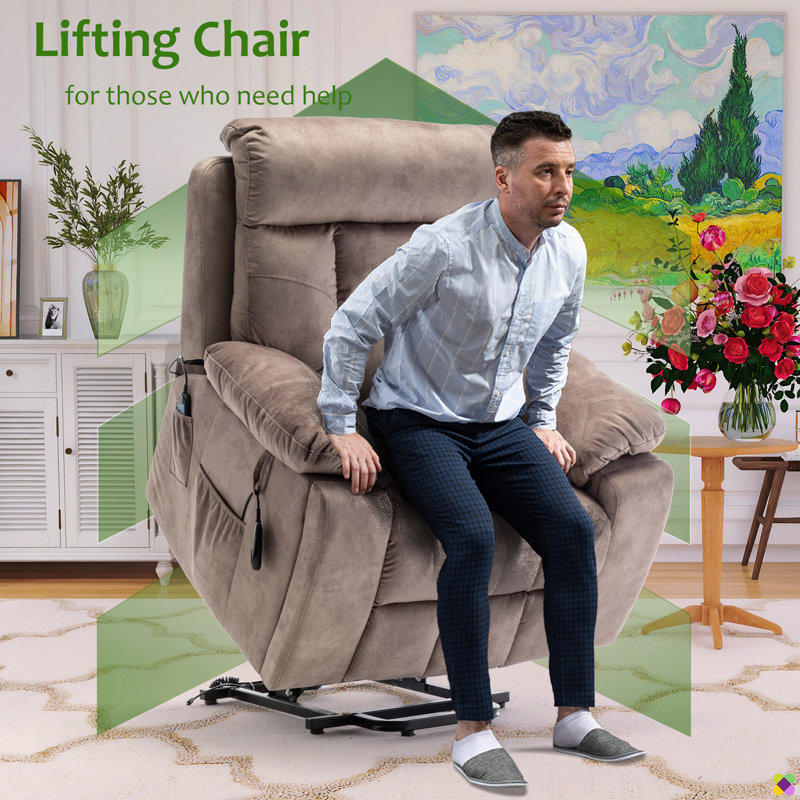 Vayun 40.94"W Oversize Upholsetery Liftable Massage Heater Power Recliner, Cup Holders, Dual Remote, Light Brown