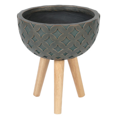 14.3" Round Planter with Stand, Indoor Outdoor Plant Pot with Drainage Hole