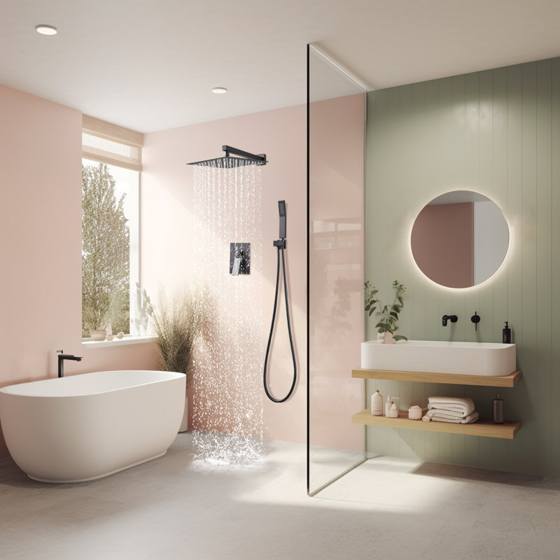 Système de douche complet avec valve brute et pomme de douche à pluie de 12 pouces, Noir