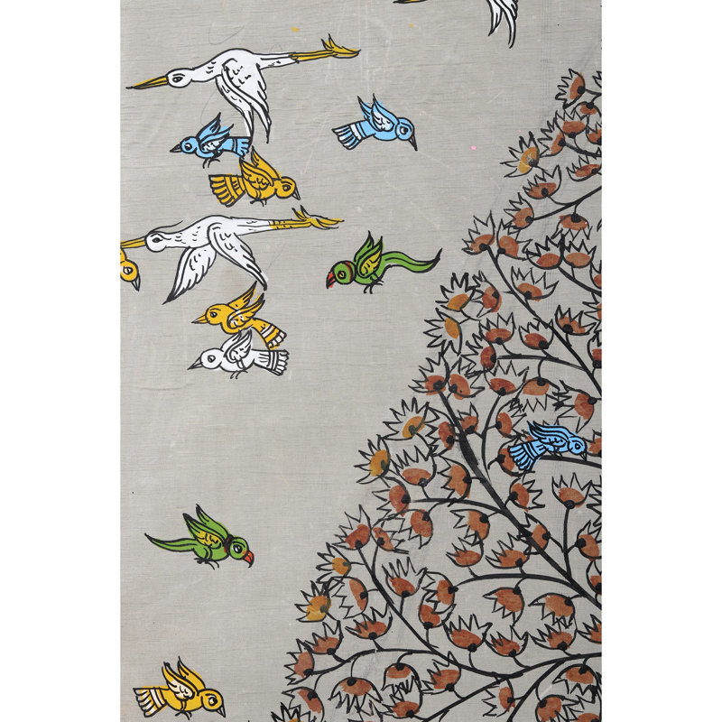 Arbre de vie avec vol d'oiseaux, peinture sur toile Pattachitra par Purna Chandra, H 40 po x l 22 po, décoration murale Odisha