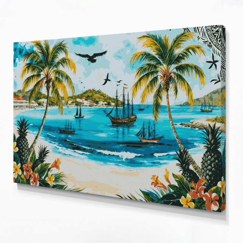 Art mural sur toile bleue avec villes cités Antigua et Barbuda, H 20 po x l 30 po