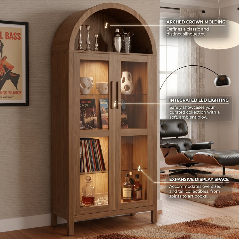 67"H X 30"W Tall Arched Storage Cabinet With LED Light & Glass Doors, Storage Cabinet With Adjustable Shelves, Brown
