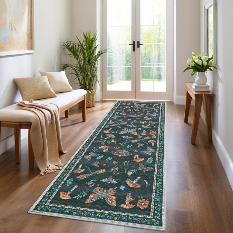 Floral Machine Washable Rug with Non-Slip Backing, Soft Thin Low Pile Non Shedding Floor Carpet, Indoor Foldable Printed Accent Mat for Living Room/Nursery/Bedroom