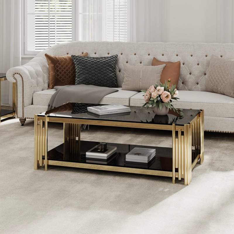 Table basse moderne avec verre trempé spacieux et base en acier inoxydable doré, centre de salon fonctionnel en acier, élégant