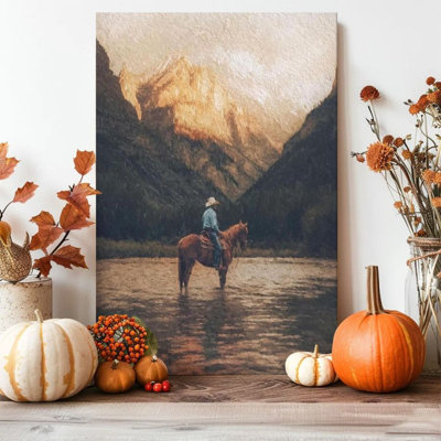 1pc Framed Knarr Painting Cowboy Riding a Horse, Snow-Capped Mountains and Canyons, Realistic Oil Painting Style Decor Print Vintage Wall Poster Home