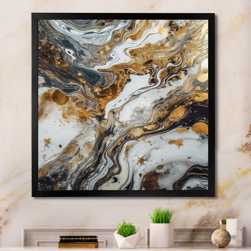 Malbon, œuvre d'art avec tourbillons de marbre III sur toile, Cadre photo noir, H 16 po x l 16 po x P 1 po